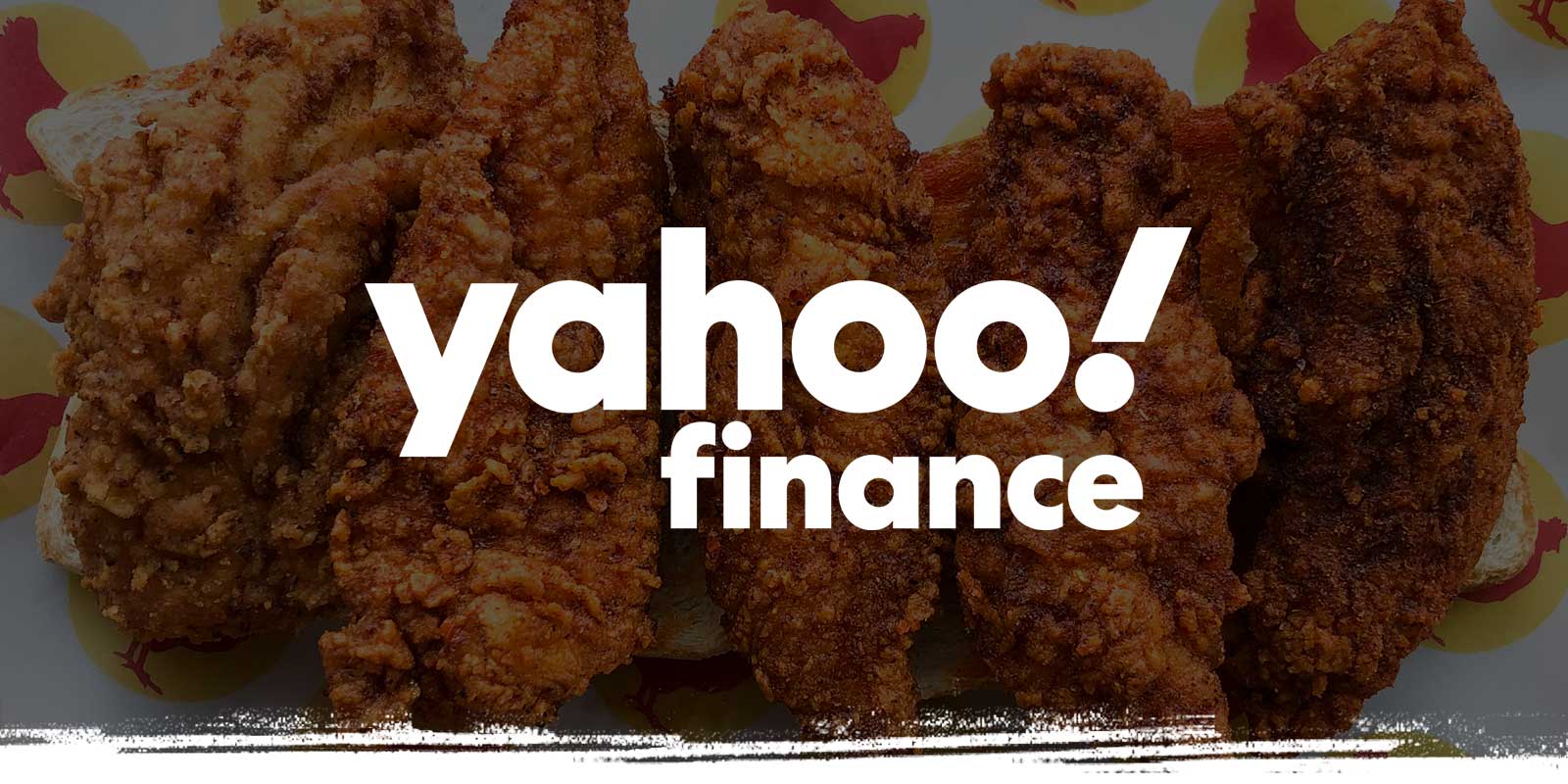 Yahoo Finance logo on chicken tenders sampler background